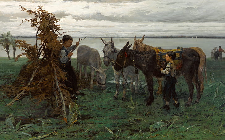 1865, Willem Maris, Dutch painter, Dutch artist, oil on canvas, Boys herding donkeys, Municipal Museum of the Hague, Museum Of Art, The Hague, Wenzel Maris, HD wallpaper