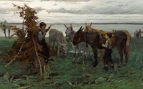 1865 년, Willem Maris, 네덜란드 화가, 네덜란드 예술가, 캔버스에 오일, Boys herding donkeys, 헤이그 시립 박물관, 미술관, 헤이그, Wenzel Maris, HD 배경 화면 HD wallpaper