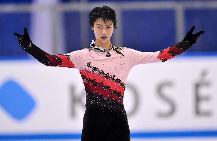 camisa de mangas compridas rosa, vermelha e preta masculina, patinação artística, strass, Japão, Yuzuru Hanyu, patinação, HD papel de parede