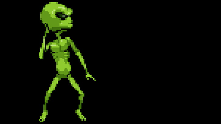 ilustração alienígena verde, pixelizada, pixel art, pixels, alienígenas de 8 bits, verde, fundo preto, fundo simples, minimalismo, HD papel de parede