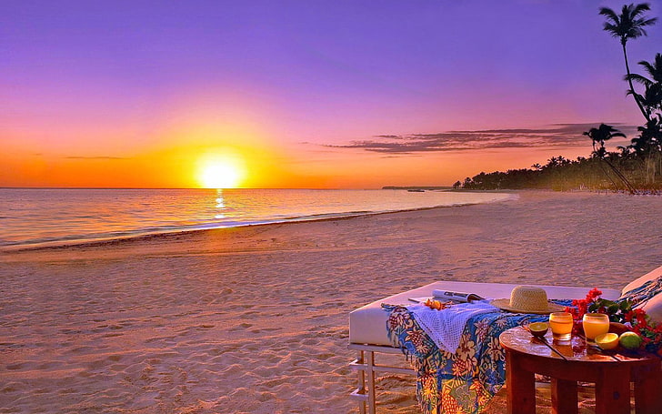 white lounge chair beside table on seashore, Photography, Sunset, Beach, Horizon, Sand, Sea, Sky, Summer, Sunny, Tropical, Twilight, HD wallpaper