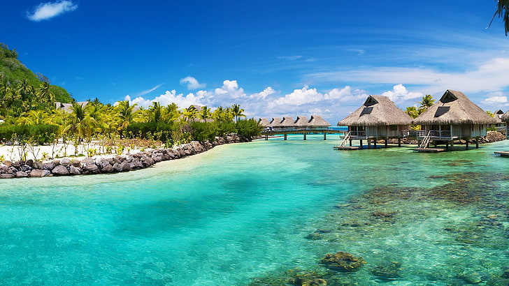 iki kahverengi kulübe, Bora Bora, doğa, manzara, deniz, HD masaüstü duvar kağıdı