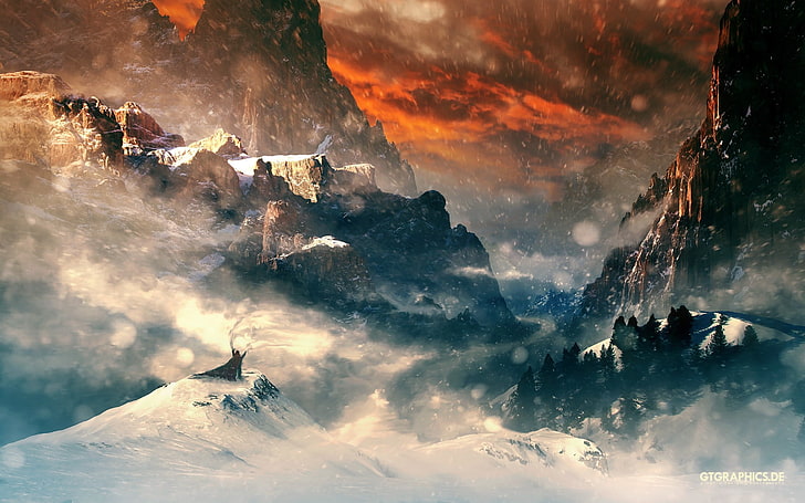 fantezi sanat, dağlar, hobbit, kar, doğa, manzara, HD masaüstü duvar kağıdı