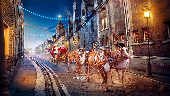 санта клаус, сани, олени, улица, уличный фонарь, рождество, рождество, оленьи колесницы, колесницы, HD обои HD wallpaper