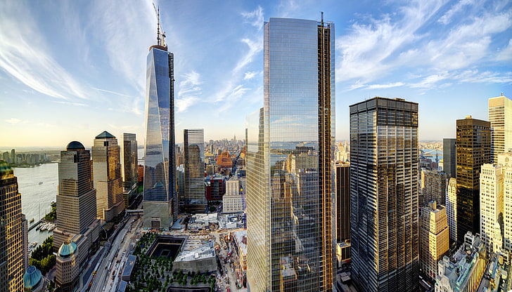 Башня Свободы, Нью-Йорк, небо, облака, город, здания, дома, Нью-Йорк, небоскребы, панорама, США, Манхэттен, Нью-Йорк, Нью-Йорк, Всемирный торговый центр, WTC, 1 World Trade Center, HD обои