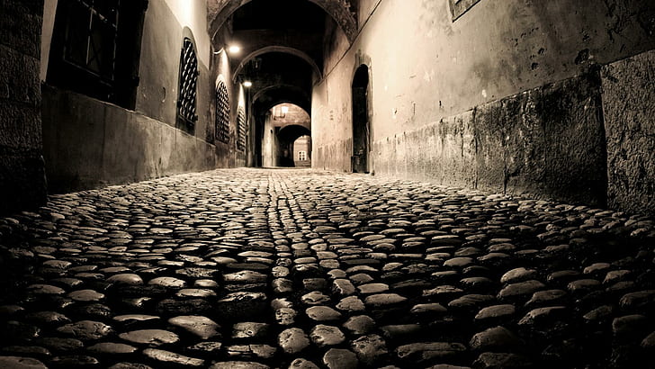 Cobblestoned Alley At Night, lights, alley, cobblestone, black and white, nature and landscapes, HD wallpaper