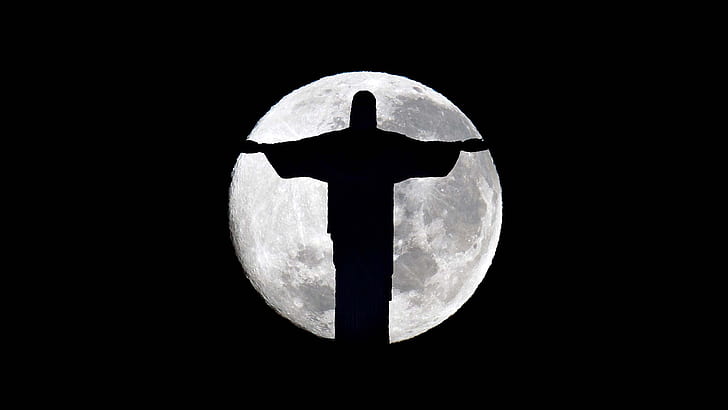 нощ, тъмнина, луната, силует, статуя, здрач, Бразилия, Рио де Жанейро, Кристо Редентор, Бразилия, От Христос Спасителят, HD тапет