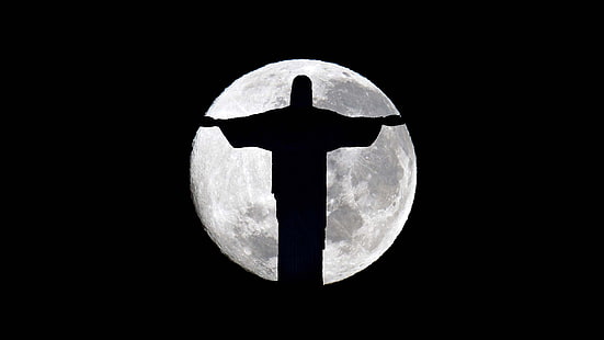 الليل ، الظلام ، القمر ، صورة ظلية ، تمثال ، الشفق ، البرازيل ، ريو دي جانيرو ، كريستو ريدنتور ، البرازيل ، المسيح المخلص، خلفية HD HD wallpaper
