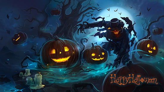 Happy Halloween digital wallpaper, night, tree, fire, the moon, monster, hat, hands, claws, pumpkin, evil, scary, bats, Halloween, gloomy, holidays, Wallpaper from lolita777, HD wallpaper HD wallpaper