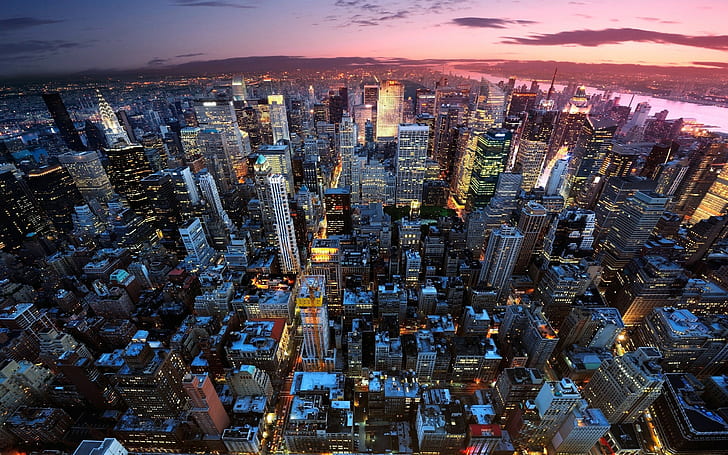 photography, city, urban, dusk, lights, building, street light, skyscraper, New York City, HD wallpaper