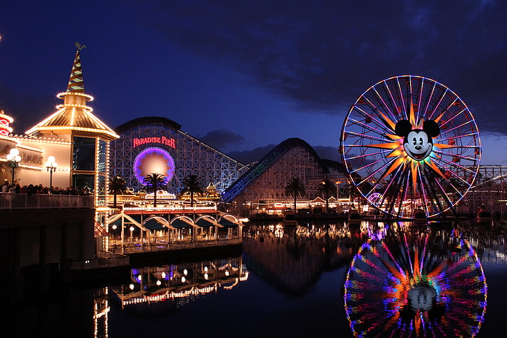 синее колесо обозрения, Калифорния, Микки Маус, аттракционы, Disney California Adventure, Диснейленд Ризорт, Райский пирс, американские горки, HD обои