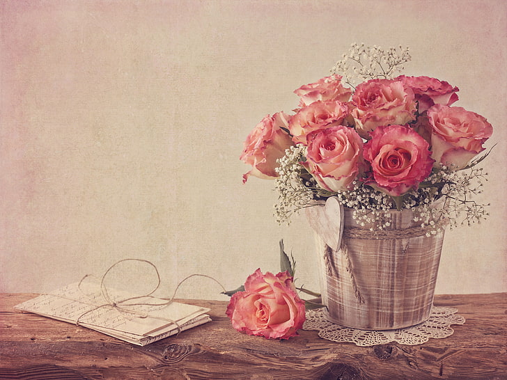 rosa-weiße rosen, rosen, rose, vintag, blume, stil, strauß, HD-Hintergrundbild