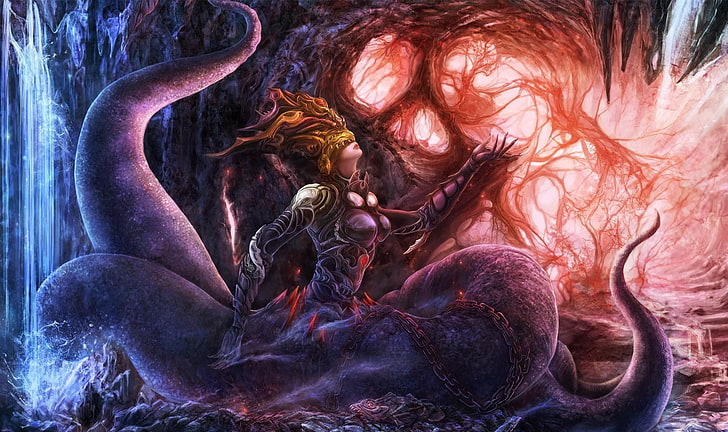 animated woman wallpaper, girl, monster, tentacles, chain, cave, HD wallpaper