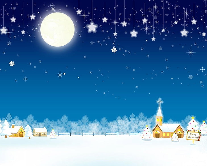 kapel di bawah vektor malam berbintang, natal, liburan, rumah, gereja, bulan, bintang, pohon, Wallpaper HD