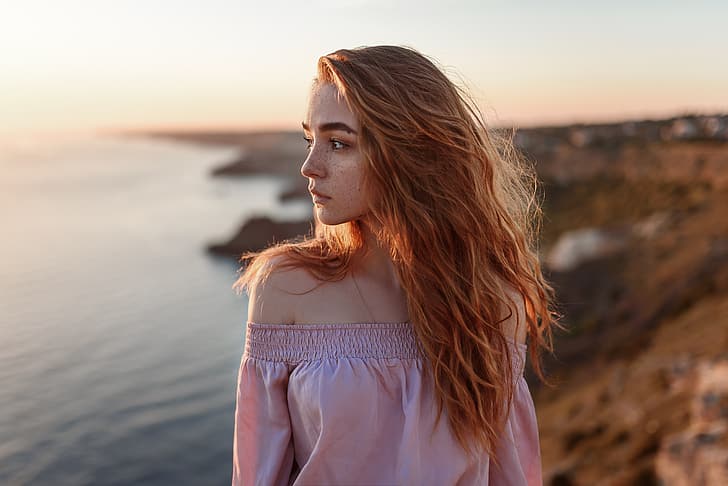 girl, long hair, dress, sea, brown eyes, photo, sunset, photographer, model, bokeh, redhead, necklace, portrait, mouth, freckles, depth of field, bare shoulders, looking away, strapless, Juliana Naidenova, HD wallpaper
