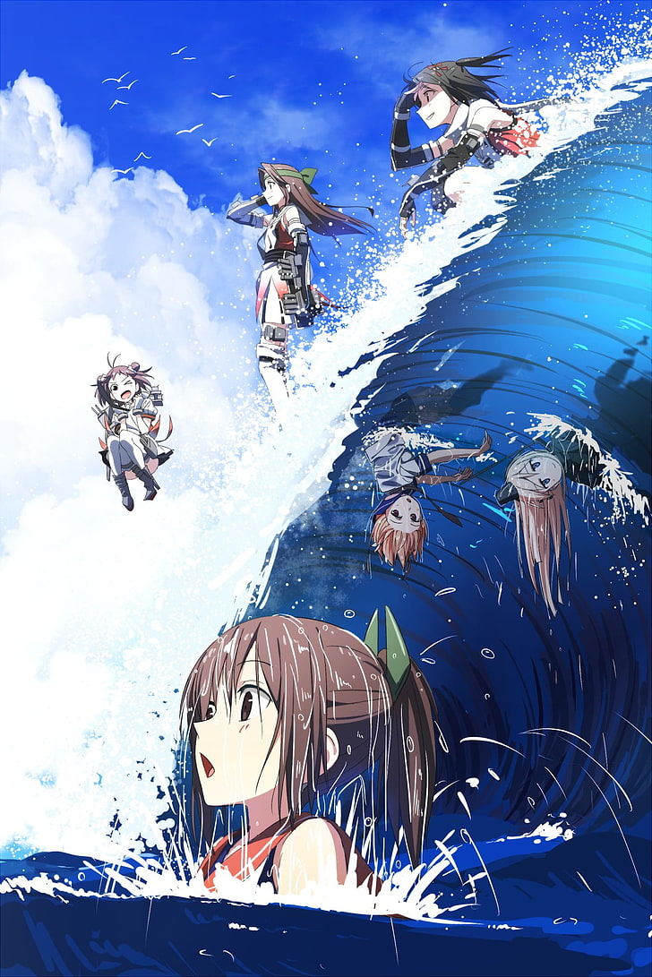 Kantai Collection, I-401 (KanColle), I-58 (KanColle), U-511 (KanColle), Jintsuu (KanColle), Naka (KanColle), Sendai (KanColle), water, waves, birds, clouds, anime girls, anime, HD wallpaper