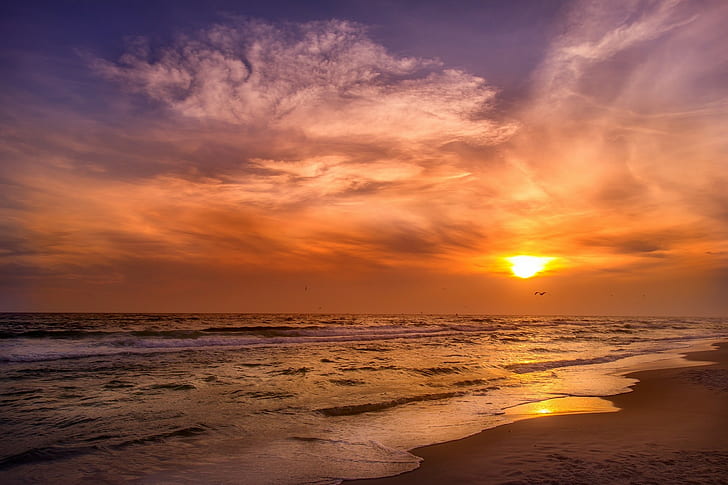 playa, puesta de sol, sol, Fondo de pantalla HD