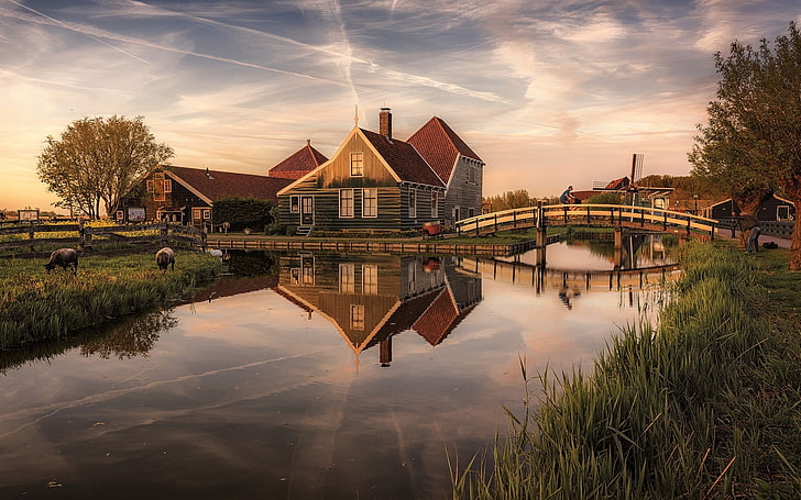 white and gray wooden house near the creek painting, nature, landscape, canal, bridge, windmill, house, grass, Netherlands, trees, clouds, sunset, reflection, water, sheep, fence, Zaanse Schans, HD wallpaper