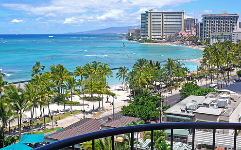 alberi di cocco verdi, spiaggia di Honolulu Hawaii, Stati Uniti, palme, oceano, mare, costa, vacanze, Sfondo HD HD wallpaper