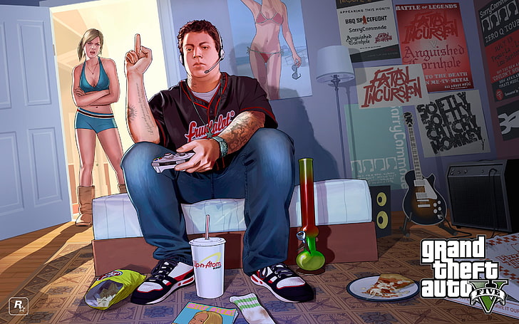 Grand Theft Auto V wallpaper, man showing middle finger GTA Five illustration, Grand Theft Auto V, Grand Theft Auto, video games, HD wallpaper
