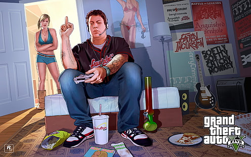 Grand Theft Auto V wallpaper, pria menunjukkan jari tengah GTA Lima ilustrasi, Grand Theft Auto V, Grand Theft Auto, video game, Wallpaper HD HD wallpaper
