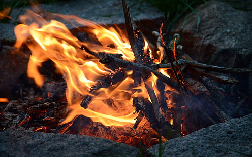 pomarańczowy ogień, ogień, kemping, drewno, przyroda, skała, Tapety HD HD wallpaper