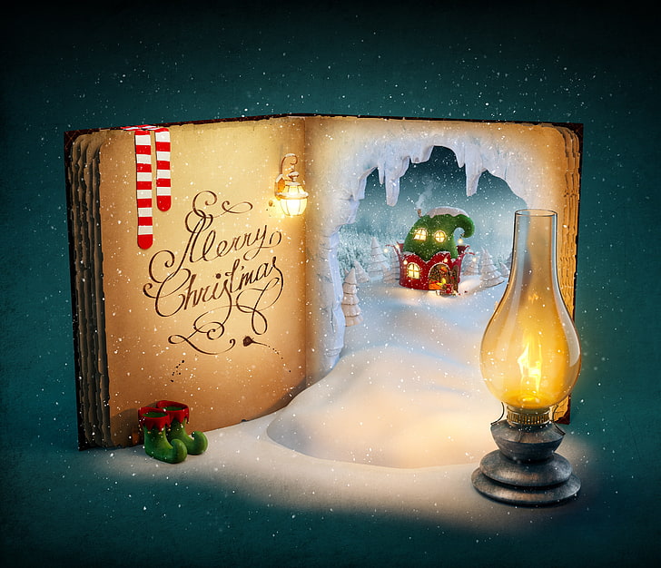 brązowa książka i szara lampa naftowa, Nowy Rok, Boże Narodzenie, Wesołych Świąt, Dekoracja, Choinka, Święty Mikołaj, Tapety HD