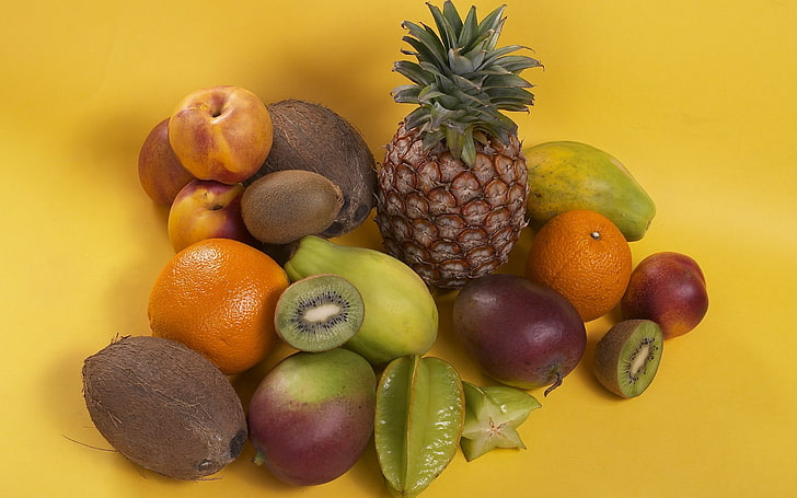 variety of fruits, fruit, salad, pineapple, kiwi, coconut, oranges, HD wallpaper