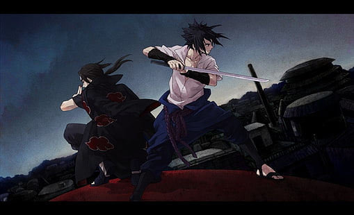 Uchiha Sasuke dan wallpaper Itachi, Naruto Shippuuden, Uchiha Sasuke, Uchiha Itachi, pedang, Akatsuki, Konoha, anime, anak laki-laki anime, saudara, Wallpaper HD HD wallpaper