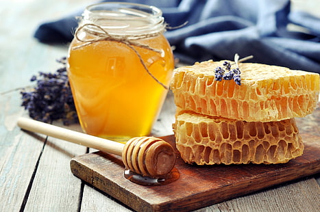 honey jar, cell, honey, spoon, Bank, Board, lavender, jar, HD wallpaper HD wallpaper