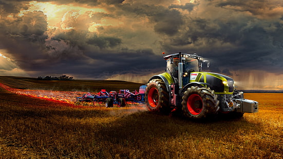 900, axion, claas, granja, paisaje, tractor, Fondo de pantalla HD HD wallpaper