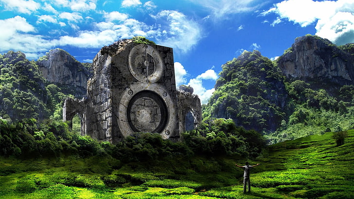 Person steht vor Lautsprecher Ruinen Wallpaper, Fantasy-Kunst, Landschaft, Himmel, Wolken, HD-Hintergrundbild