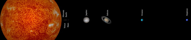 Юпитер близо до Сатурн, космос, Слънчева система, планета, Слънце, Меркурий, Венера, Земя, Марс, Юпитер, Сатурн, Уран, Нептун, прост фон, троен екран, HD тапет