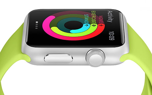 シルバーのApple Watchと緑のスポーツバンド、アップルウォッチ、アップル、ios、網膜、 HDデスクトップの壁紙 HD wallpaper