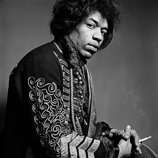 ผู้ชาย, นักดนตรี, Jimi Hendrix, ขาวดำ, นักกีตาร์, พื้นหลังเรียบง่าย, บุหรี่, กำลังมองหาผู้ชม, สูบบุหรี่, วอลล์เปเปอร์ HD HD wallpaper