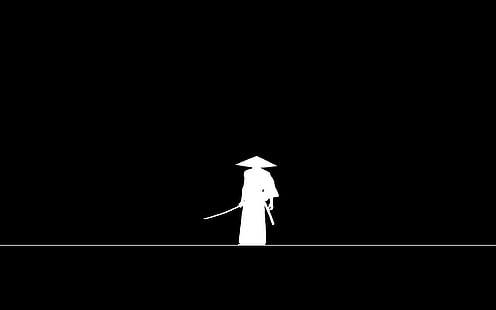 меч, минимализм, оружие, шляпа, линия, катана, человек, черный фон, самурай, воин, силуэт, кимоно, простой фон, HD обои HD wallpaper