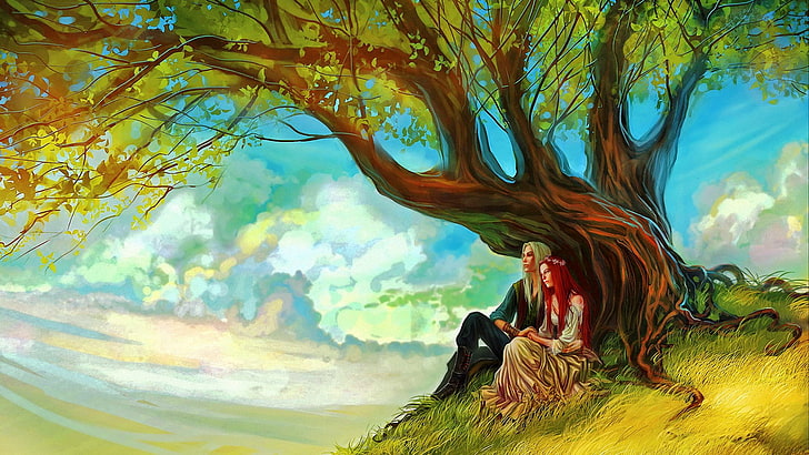 Fantasy, Love, Couple, Elf, Man, Tree, Woman, HD wallpaper