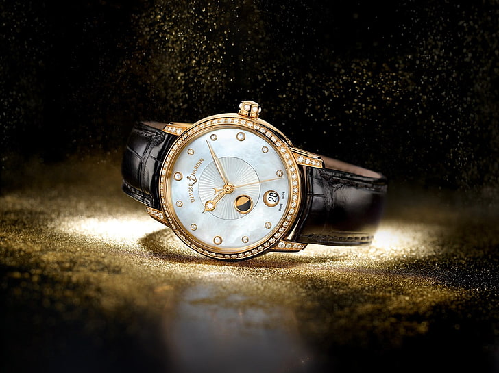 นาฬิกาอะนาล็อกสีทองทรงกลมพร้อมสายหนังสีดำนาฬิกาข้อมือสุดหรู Ulysse Nardin, วอลล์เปเปอร์ HD