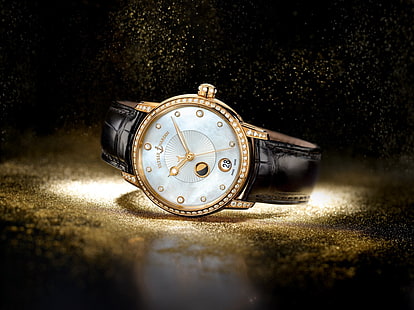 кръгъл златен аналогов часовник с черна кожена лента, часовник, луксозни часовници, Ulysse Nardin, HD тапет HD wallpaper