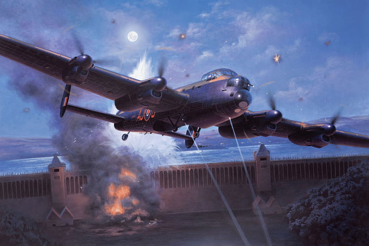тапет за сив боен самолет, бомбардировач, война, изкуство, живопис, авиация, рисуване, ww2, Avro Lancaster, британски самолет, dambusters, HD тапет