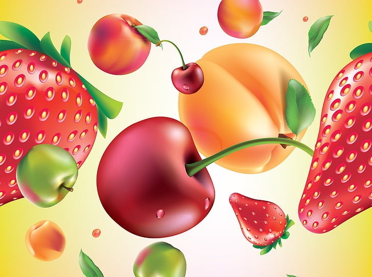 Ilustración de manzana, fresa y naranja, bayas, textura, fruta, frutas, Fondo de pantalla HD