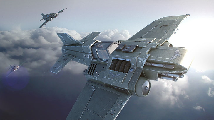ilustracja szarego statku powietrznego, Warhammer 40,000, samolot, WH40K, myśliwiec odrzutowy, Tapety HD