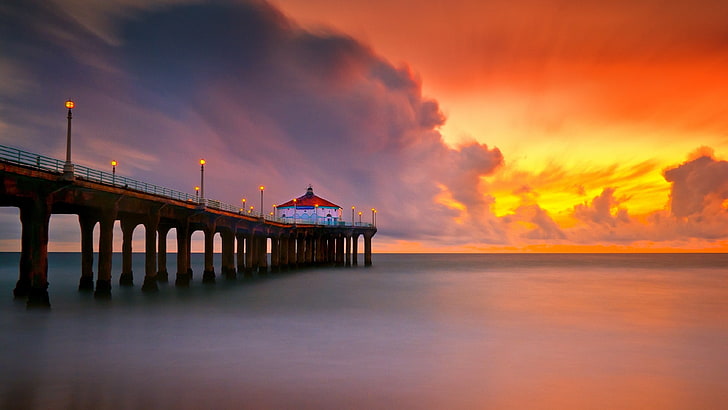 manhattan beach, evening, calm, united states, usa, dock, california, ocean, afterglow, sunset, dusk, manhattan beach pier, orange sunset, pier, sky, sea, horizon, HD wallpaper