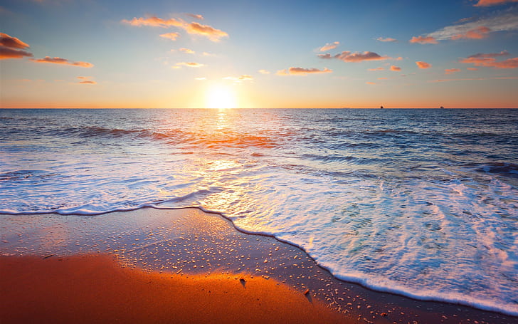 Beau paysage coucher de soleil, mer, ciel, nuages, sable, plage, bord de mer et dunes de sable, beau, coucher de soleil, paysage, mer, ciel, nuages, sable, plage, Fond d'écran HD