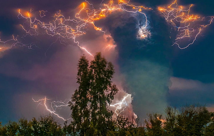 ธรรมชาติภูมิทัศน์ภาพถ่ายการปะทุภูเขาไฟต้นไม้กลางคืนฟ้าผ่าเถ้าชิลี, วอลล์เปเปอร์ HD