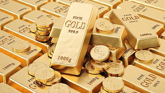 złoto, metal, pieniądze, moneta, sztabka złota, Tapety HD HD wallpaper
