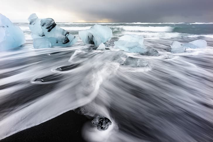 morze, przyroda, brzeg, lód, fragment, Islandia, Tapety HD