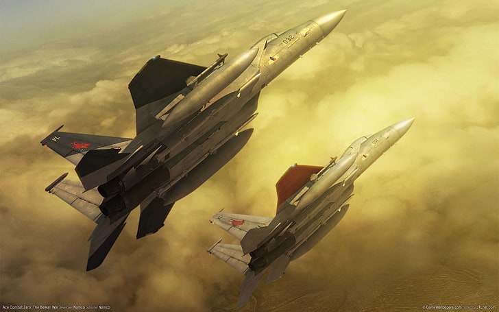 deux avions de chasse gris, nuages, vol, l'avion, combattants, zéro la guerre de Belkan, ace combat, Fond d'écran HD