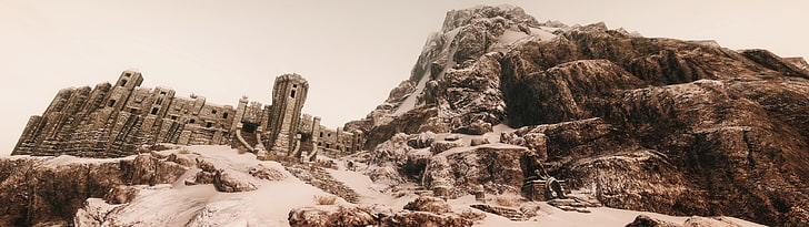 forteresse en pierre grise au bord de la montagne, The Elder Scrolls V: Skyrim, affichage multiple, paysage, neige, montagnes, Fond d'écran HD