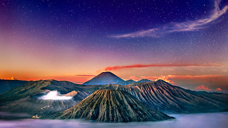 вулкан, звезди, пейзаж, връх Бромо, Индонезия, HD тапет